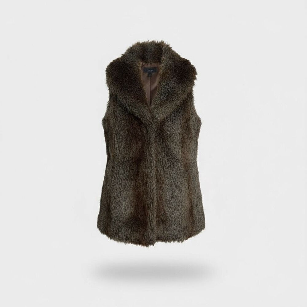 Revue Fuzzy‎ Plush Faux Fur Sleeveless Front Clasp Collared Vest Brown XS